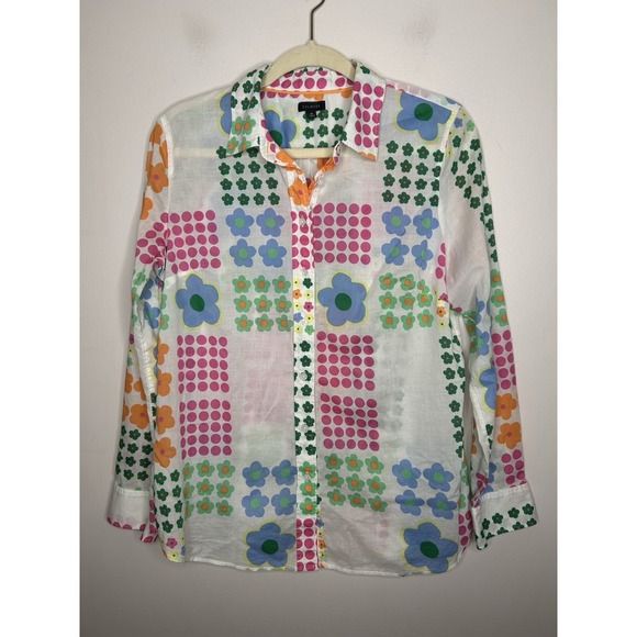Talbots Tops - Talbots Blouse Colorful Floral Dots Top Pink Orange Button Up Size Medium